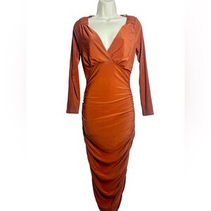 Fashion Nova Rust Long Sleeve Ruched Wrap Midi Dress